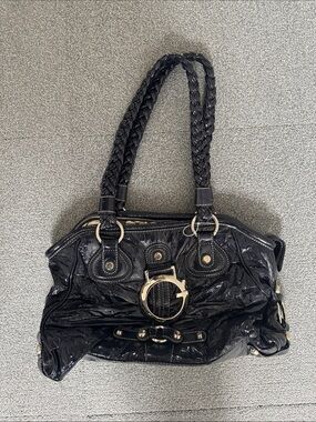 Guess Black Patent Braided-Handle Shoulder Bag